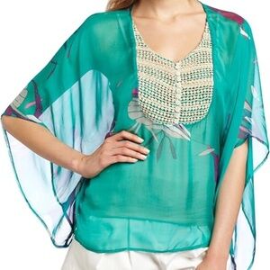 Aryn K Print Bib Kimono 100% Silk Blouse Floral Watercolor Size Medium